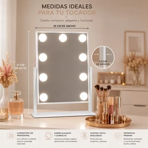 Espejo De Maquillaje Con Luces Led 3 Tonos Táctil 9leds