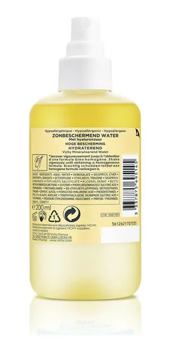 Agua Solar Protectora Corporal Hidratante con Ácido Hialurónico y Vitamina E, Protección Avanzada UVA/UVB FPS50 Capital Soleil Vichy 200ml