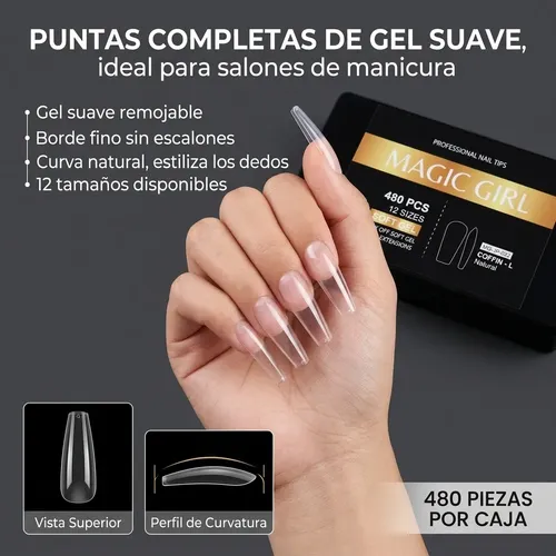 Tips Soft Gel Coffin L Transparente Extensión Uñas 480 Pcs
