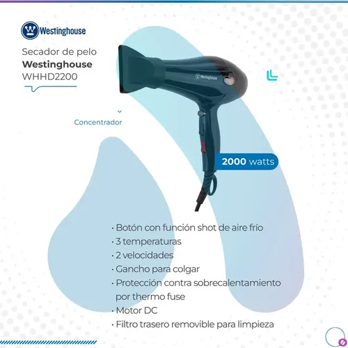 Secador De Pelo Westinghouse 2000w 3 Temperaturas Lh Color Negro