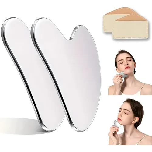 Gua Sha De Acero Inoxidable Plateado: 2 Unidades Para Rostro