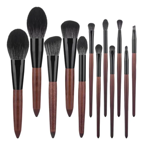 Set De 12 Brochas De Maquillaje De Madera Rosa