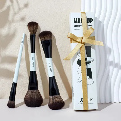 Set 3 Brochas Maquillaje Jessup Doble Punta Azul Cian