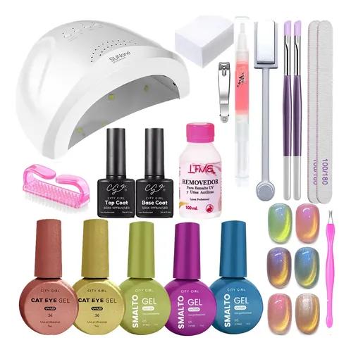 Kit Uñas Esculpidas Color Semipermanente Cat Eye Completo