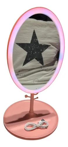 Espejo De Maquillaje Ovalado Con Luz Led Y Base Rosa