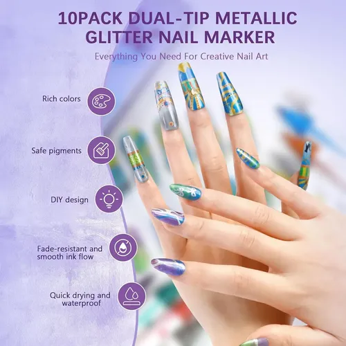 Set 10 Colores Glitter Para Uñas 3d Con Doble Punta