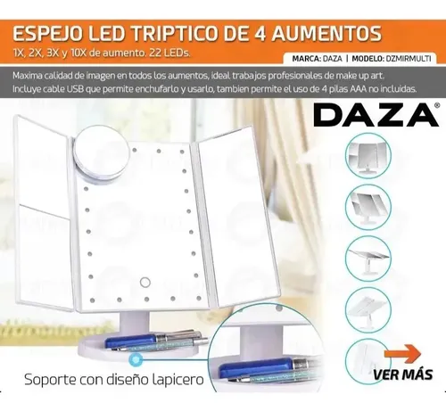 Espejo De Maquillaje Tríptico Daza Dzmirmulti Con Luz Led Y Aumento 1x/2x/3x/10x Base Reforzada Usb/pilas Ideal Maquillaje Profesional Rutinas Belleza Tocador Dormitorio – Color Blanco
