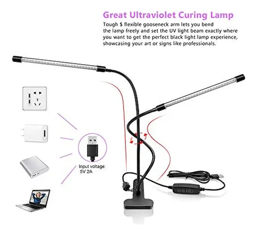 Lámpara Led Negra De Doble Cabezal Ygs-tech, Luz Uv De 20 W,