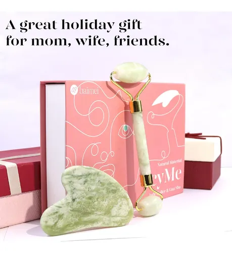 Set Rodillo Jade Y Gua Sha Facial Baimei Verde Claro
