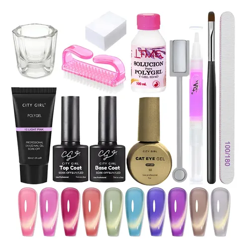 Kit Uñas Polygel Esculpidas Esmaltado Semipermanente Cat Eye