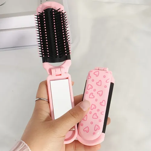 Cepillo Plegable Compacto Con Espejo Rosa