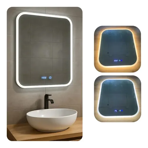 Espejo Rectangular Led Luz Fría Táctil Botón Frontal 60x70cm Anti Empañe Linea Moderna Touch