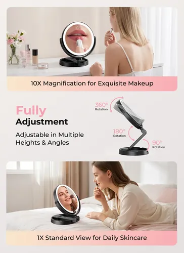 Espejo De Maquillaje Con Luz Led 1x 10x Recargable Negro