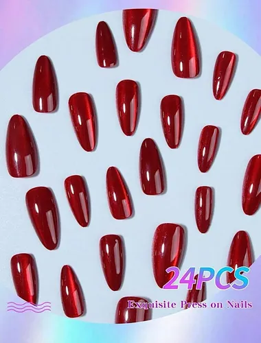 Press On Nails Uñas Postizas Rojas Ojo De Gato Importadas