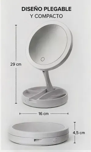 Espejo Maquillaje Con Led Plegable Usb Aumento 10x Doble Faz