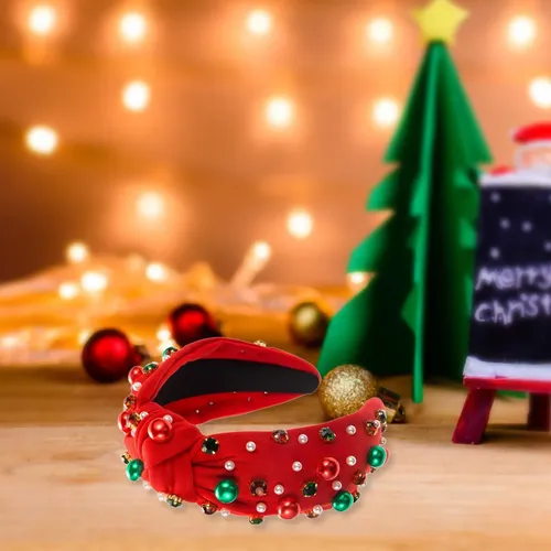 Diadema De Navidad Roja Ancha Con Perlas Y Rhinestones