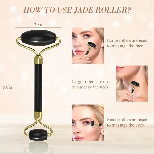 Set Facial Gua Sha Y Rodillo Jade Negro Para Masajes