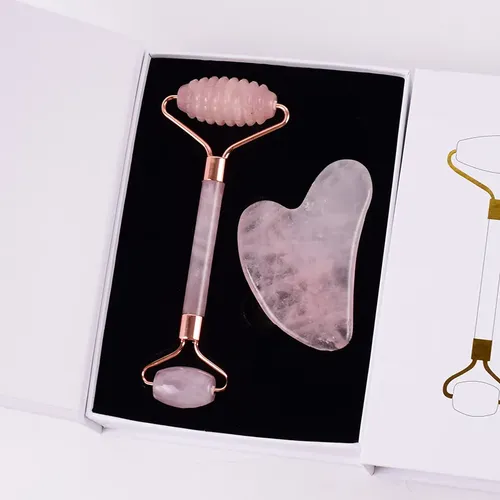 Care Tool Sha Massage Face Quartz Natural Roller Rose Gua 2 Pcs And Box
