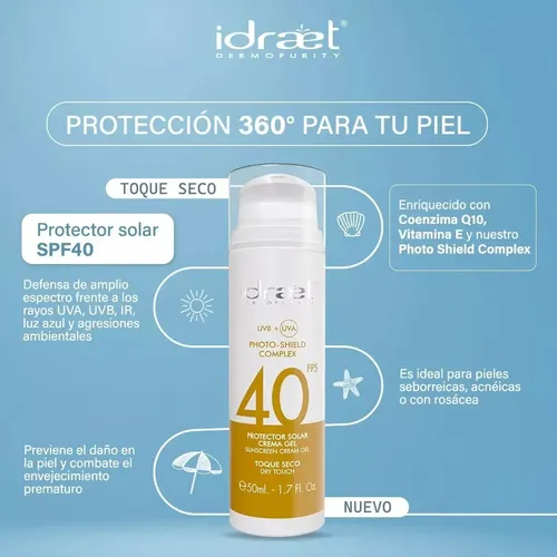 Protector Solar Idraet Factor 40 Facial Crema Gel Seco 50ml.