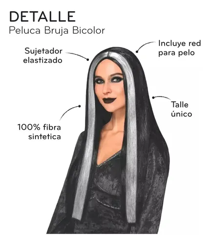Peluca De Bruja Bicolor Negro Y Blanco Extension Disfraz