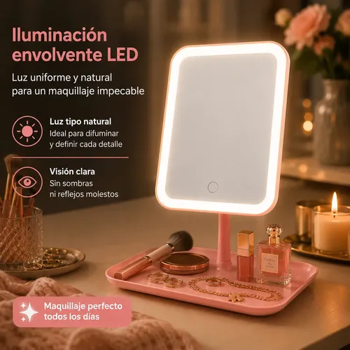 Espejo Maquillaje Led Con Luz Y Organizador Mesa Usb