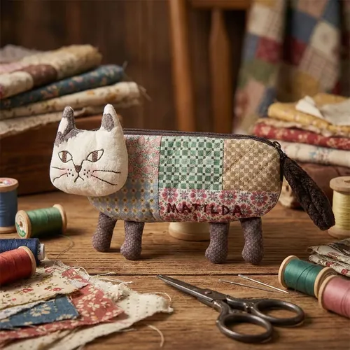 2 Estuches Maquillaje Tela Gato Patchwork Y Tomate Cuadros