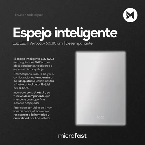 Espejo de Baño LED Táctil Desempañante 60x80cm con Luz Regulable