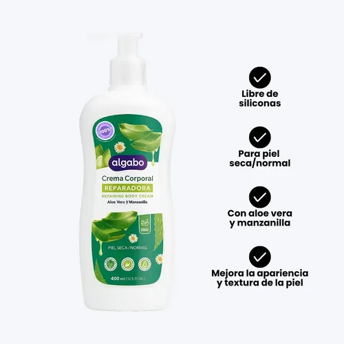Crema Corporal Nutritiva Hidratante Reparadora Algabo 400ml Fragancia Aloe vera y manzanilla