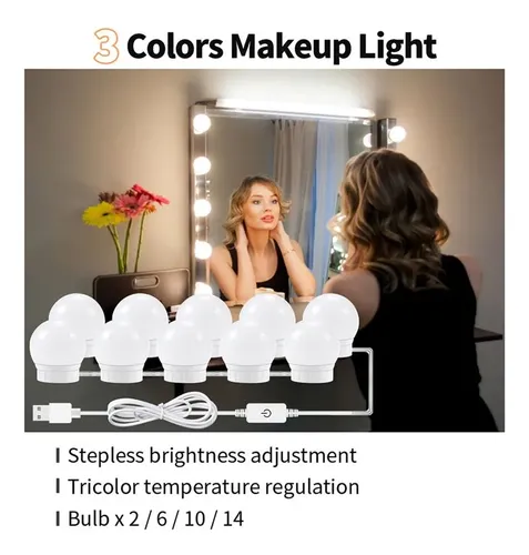 Espejo De Maquillaje De 3 Modos De Colores, Luz Led Con Aten