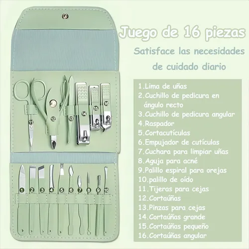 Set Manicura Pedicuria 16piezas Profesional Acero Inoxidable