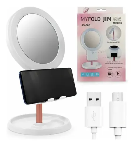 Espejo Maquillaje Porta Celular Con Luz