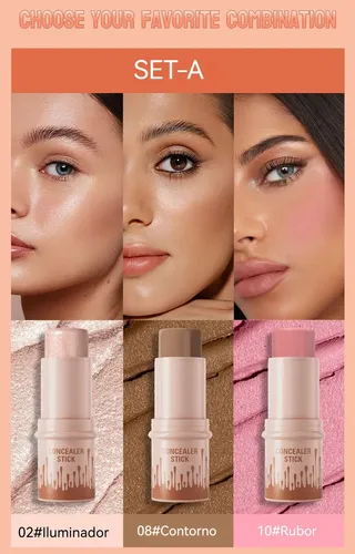 Set Maquillaje Facial 3 En 1 Contorno Iluminador Rubor Barra