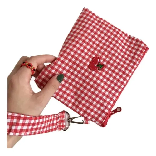 Bolsa De Cosméticos Portátil Bordada En Cereza A Cuadros Roj