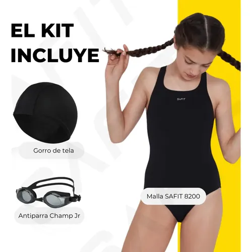 Malla Natacion Nena + Gorro Tela + Antiparras Safit Niña