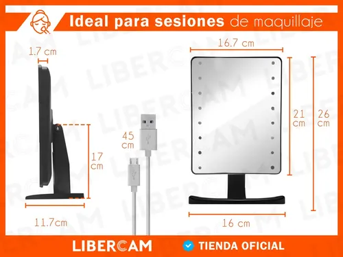 Espejo De Maquillaje Tactil Luz Blanco Frio LIBERCAM ESP-01 USB Color Negro