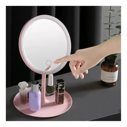 Espejo De Maquillaje 3 Modos Luces Led Con Base Carga Usb Marco Blanco