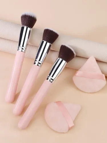 3 Pinceles De Maquillaje Rosas Y Plateados+borla Triangular