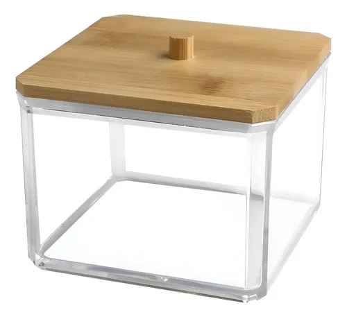 Organizador Maquillaje Acrílico Benabi Tapa Bambú Diseño Cuadrado