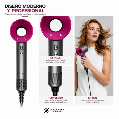 Secador de Pelo Exxtra Tech Profesional Iónico con Soporte de Pared Fucsia