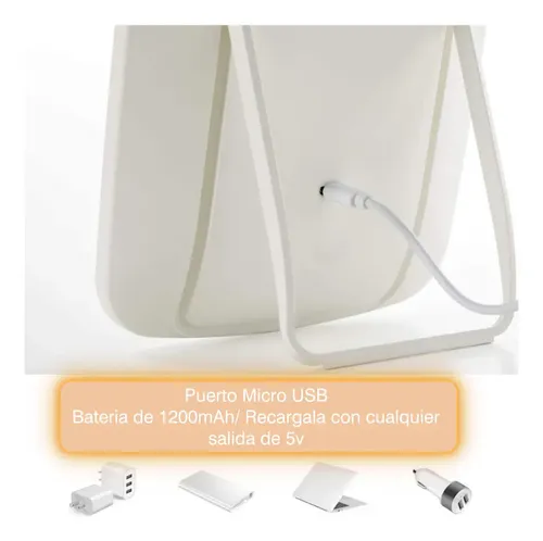 Espejo Led Portátil Recargable 3 Tonos De Luz Maquillaje