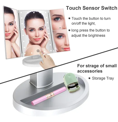 Espejo Para Maquillaje Triptico Con Aumento Y Luz Led Plata