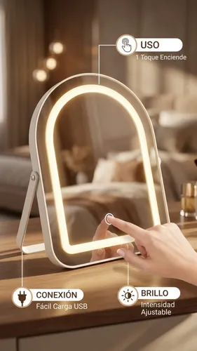 Espejo Maquillaje Led Mtl Luz Touch Ajustable Diseño Moderno