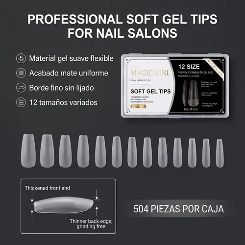 Tips Soft Gel Coffin Mate 504 Unidades 12 Tamaños