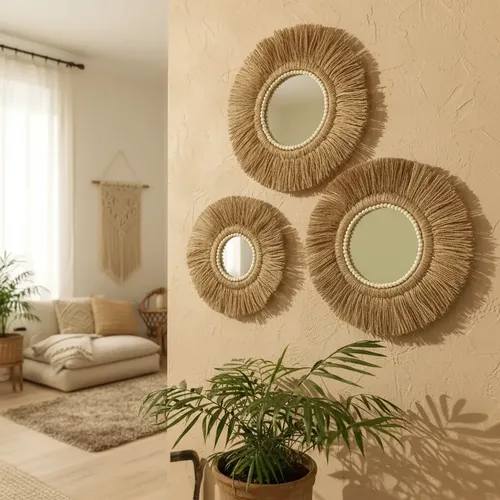 Set De 3 Espejos Decorativos Estilo Boho Con Marco De Yute