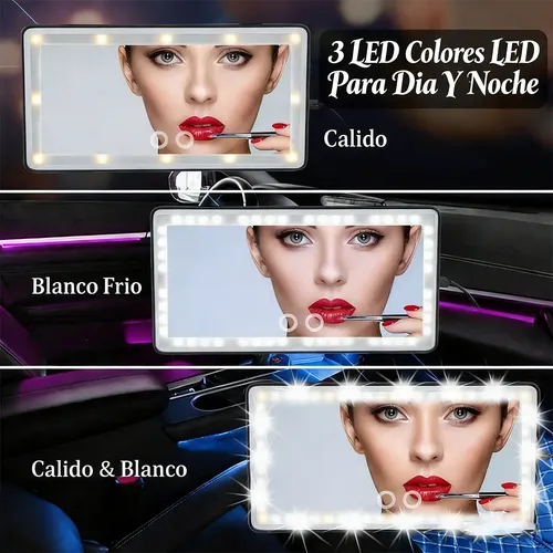 Espejo Maquillaje Visera Coche 3 Modos Luz 42 Led Recargable