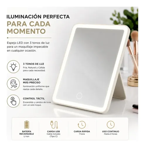 Espejo Grande Maquillaje Luz Led 3 Tonos Táctil