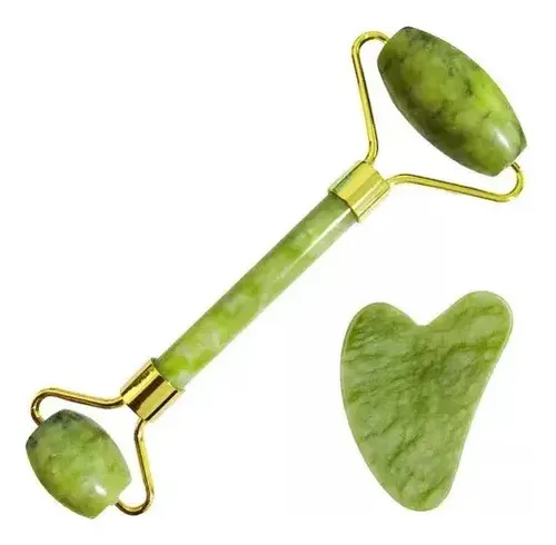 Kit Roller Jade Y Gua Sha Verde Masaje Facial Relajante