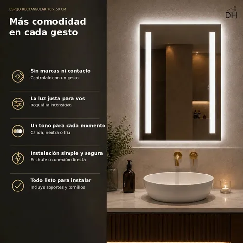 Espejo Rectangular Luz Led Sensor Movimiento 70x50cm 3luces Marco De Vidrio