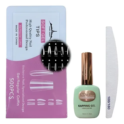 Kit Soft Gel X500 Tips Paris Night + Base Kapping 10ml+ Lima