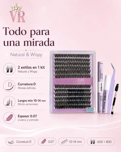 Kit De Pestañas Cluster 2 Estilos Curvatura D 0.07 Mix Naez 60d+80d Grosor 0.07 Largos Mix De 10 Mm A 14 Mm